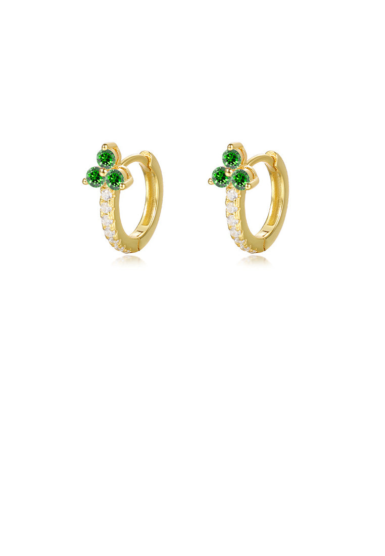925 Sterling Silver Plated Gold Simple Cute Three-leafed Clover Geometric Earrings with Green Cubic Zirconia - Luxurious Look