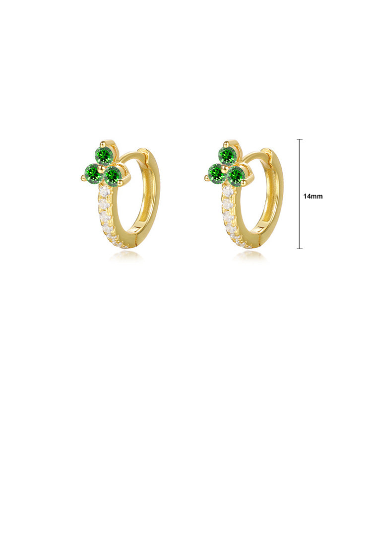 925 Sterling Silver Plated Gold Simple Cute Three-leafed Clover Geometric Earrings with Green Cubic Zirconia - Luxurious Look