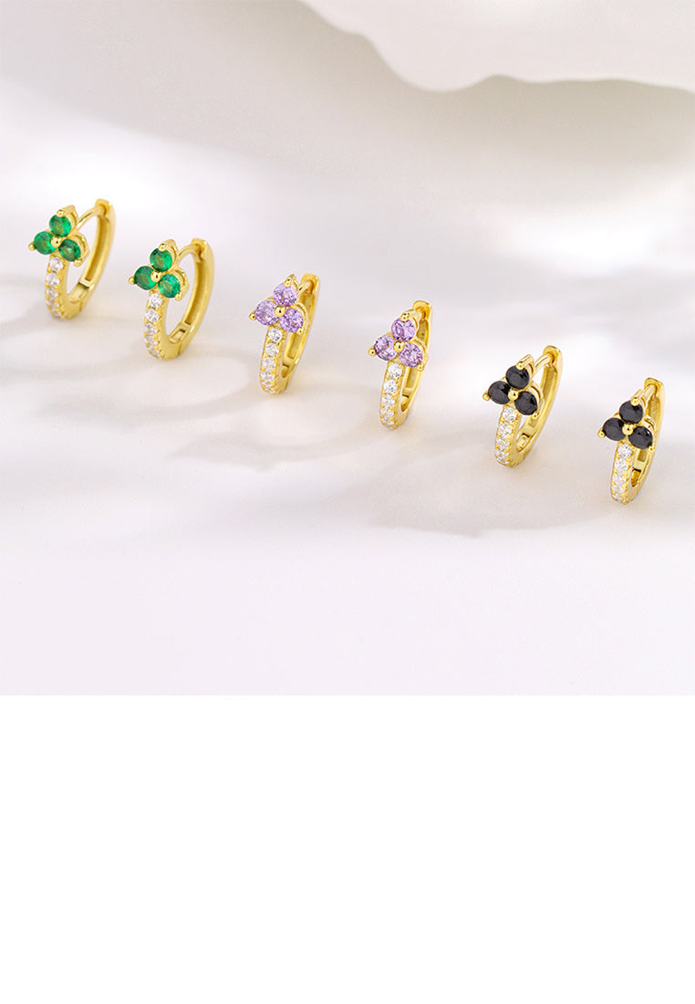 925 Sterling Silver Plated Gold Simple Cute Three-leafed Clover Geometric Earrings with Green Cubic Zirconia - Luxurious Look