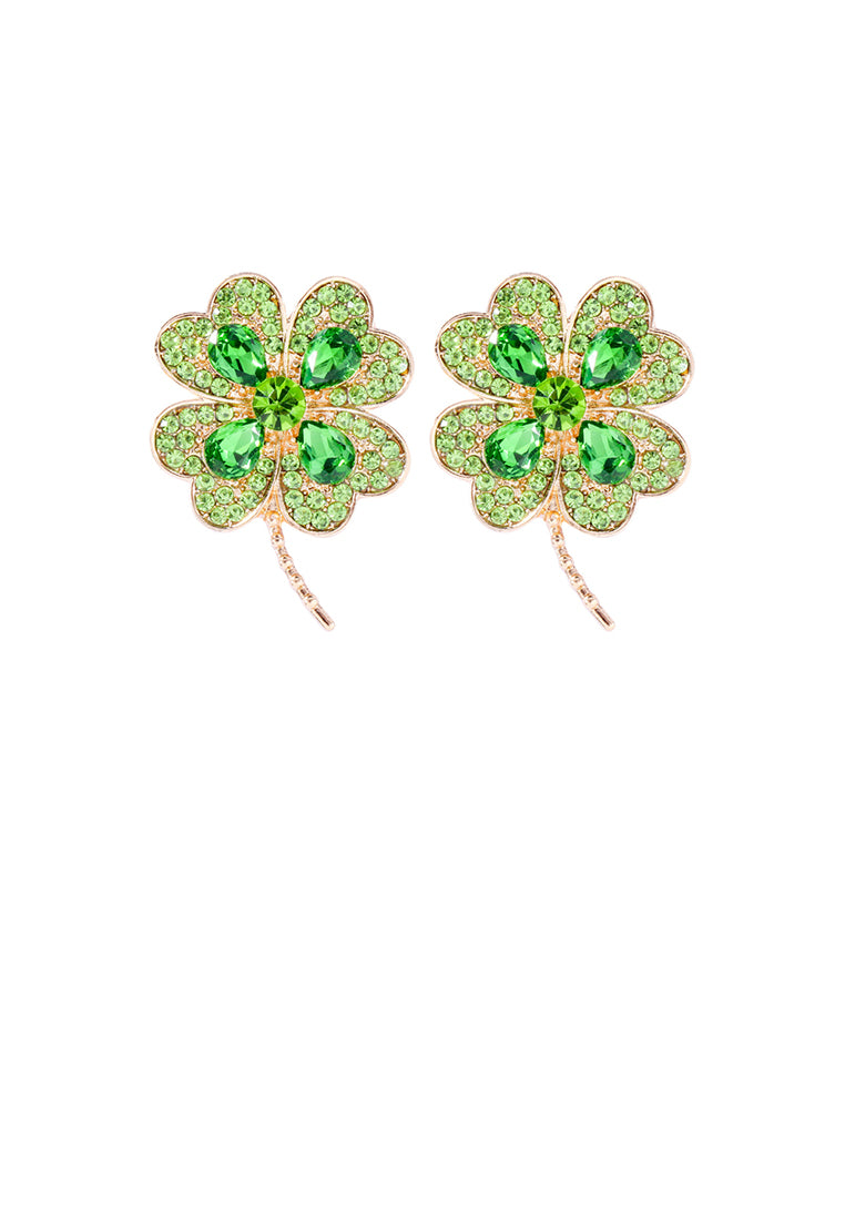 Fashion Brilliant Plated Gold Four-leafed Clover Stud Earrings with Green Cubic Zirconia - Luxurious Look