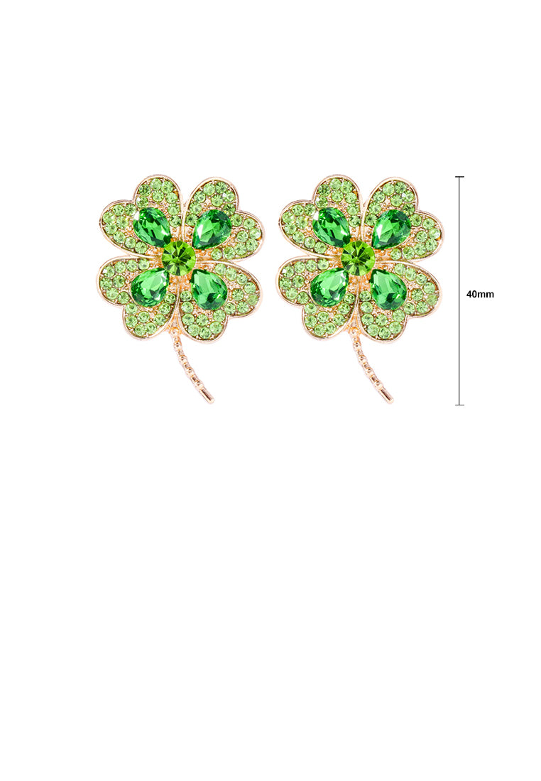 Fashion Brilliant Plated Gold Four-leafed Clover Stud Earrings with Green Cubic Zirconia - Luxurious Look