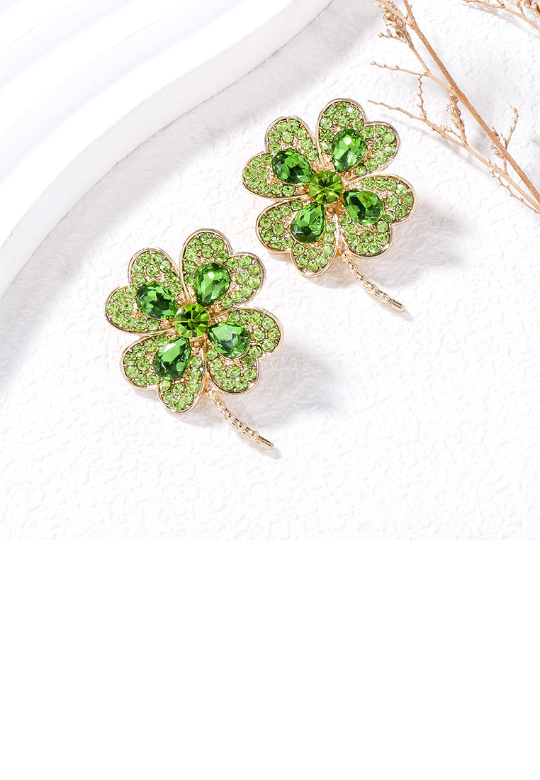 Fashion Brilliant Plated Gold Four-leafed Clover Stud Earrings with Green Cubic Zirconia - Luxurious Look