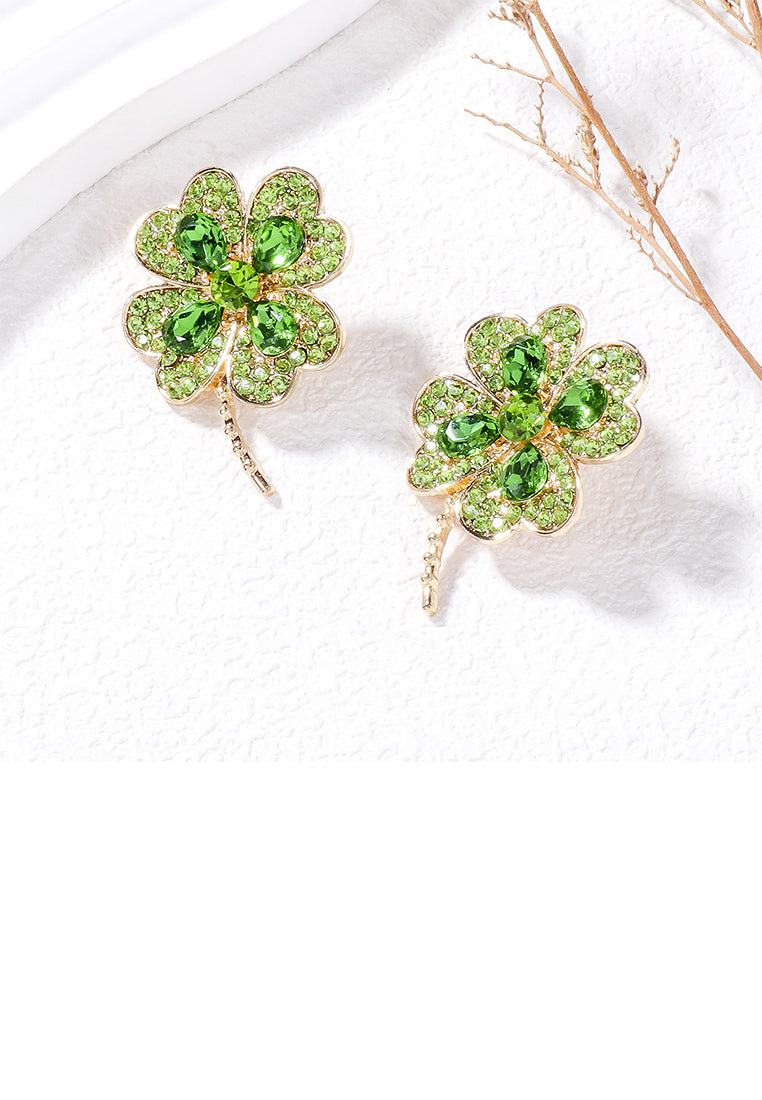 Fashion Brilliant Plated Gold Four-leafed Clover Stud Earrings with Green Cubic Zirconia - Luxurious Look