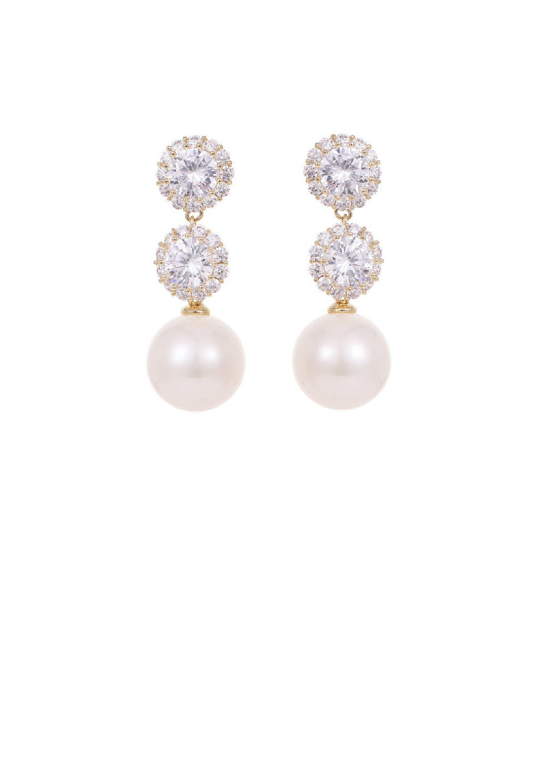Fashion Elegant Plated Gold Geometric Round Imitation Pearl Earrings with Cubic Zirconia - Luxurious Look