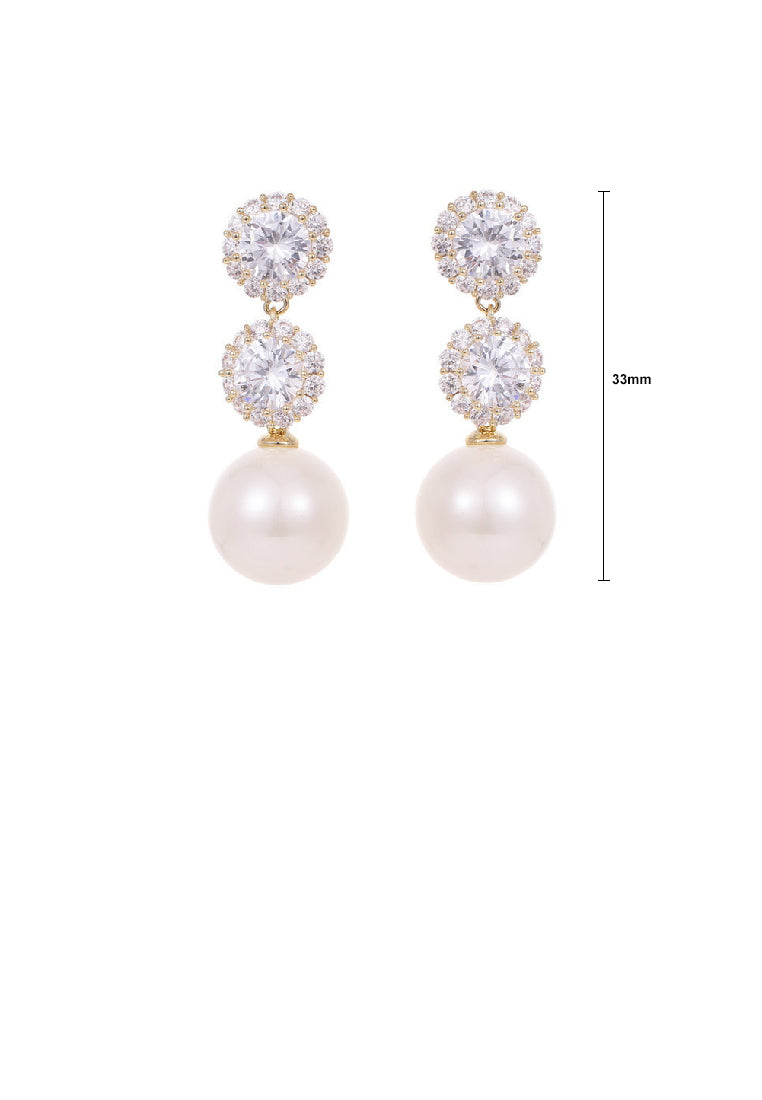 Fashion Elegant Plated Gold Geometric Round Imitation Pearl Earrings with Cubic Zirconia - Luxurious Look