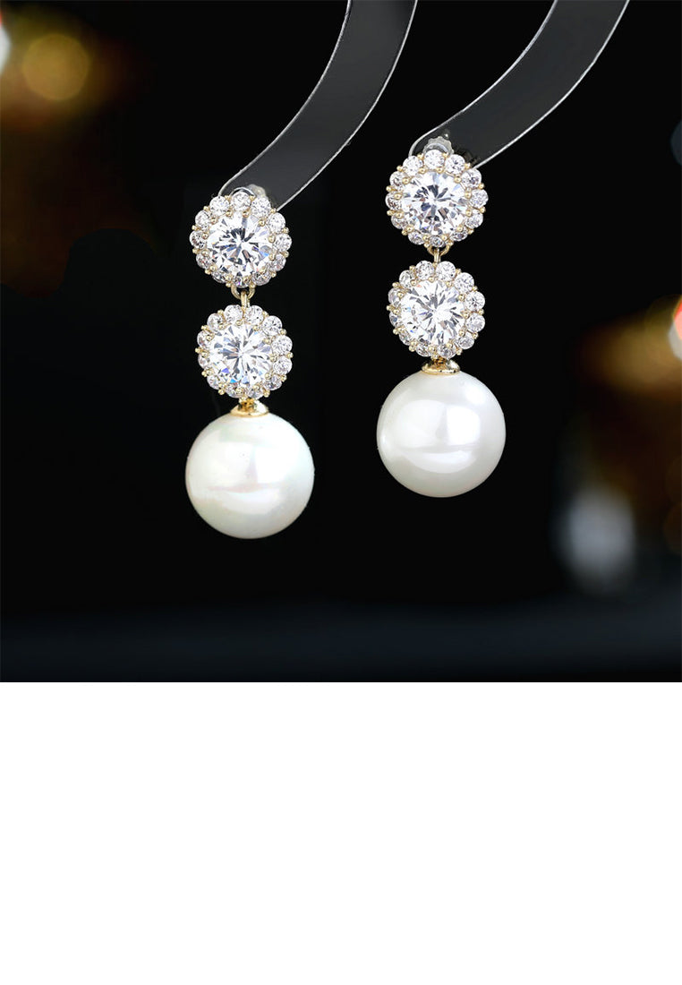 Fashion Elegant Plated Gold Geometric Round Imitation Pearl Earrings with Cubic Zirconia - Luxurious Look