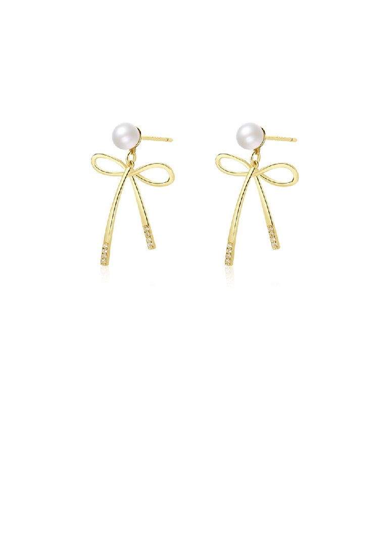 925 Sterling Silver Plated Gold Sweet Lovely Ribbon Imitation Pearl Stud Earrings - Luxurious Look