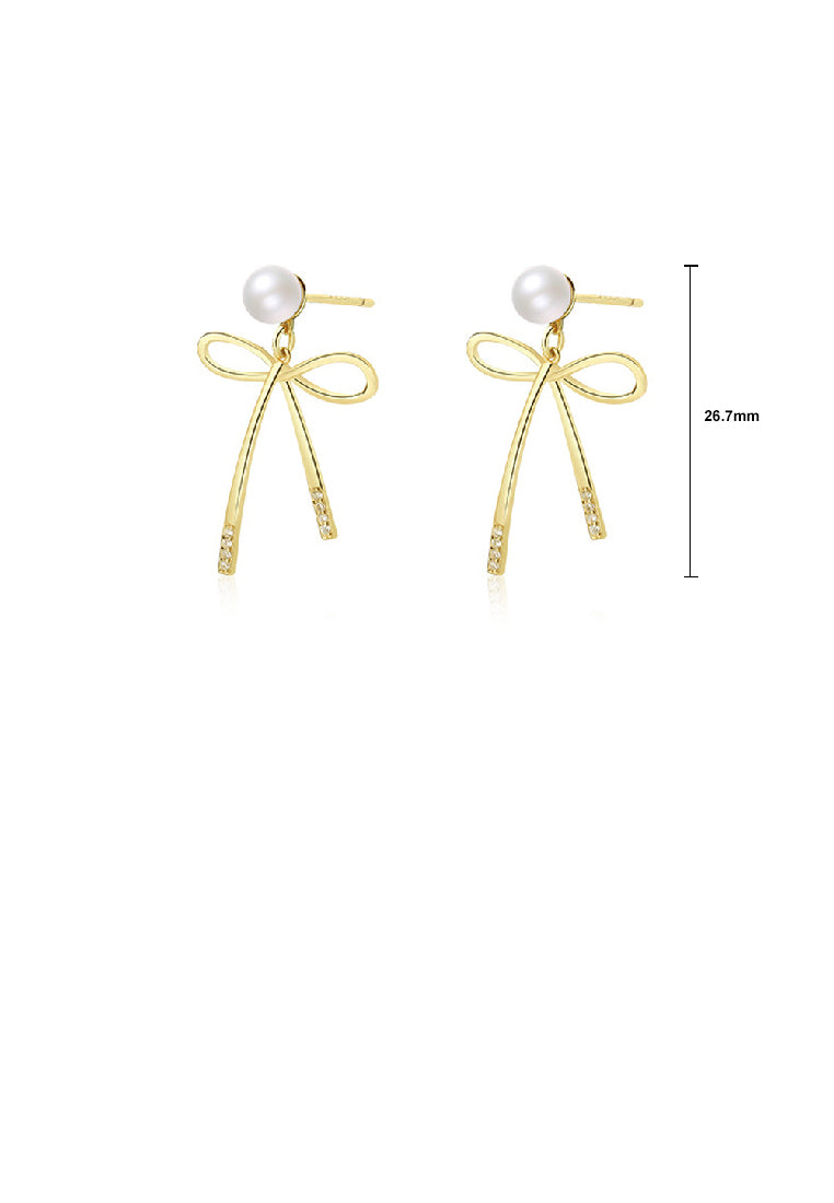 925 Sterling Silver Plated Gold Sweet Lovely Ribbon Imitation Pearl Stud Earrings - Luxurious Look