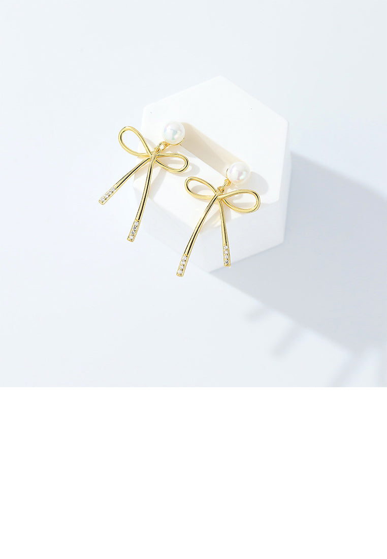 925 Sterling Silver Plated Gold Sweet Lovely Ribbon Imitation Pearl Stud Earrings - Luxurious Look