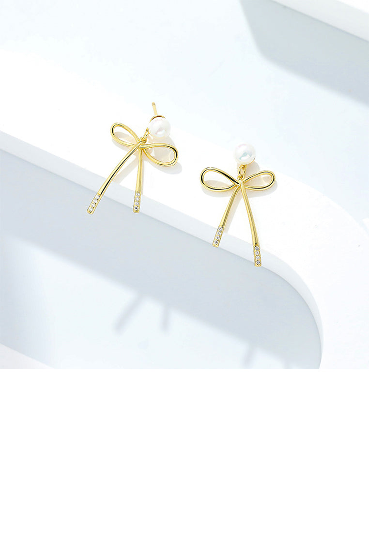 925 Sterling Silver Plated Gold Sweet Lovely Ribbon Imitation Pearl Stud Earrings - Luxurious Look