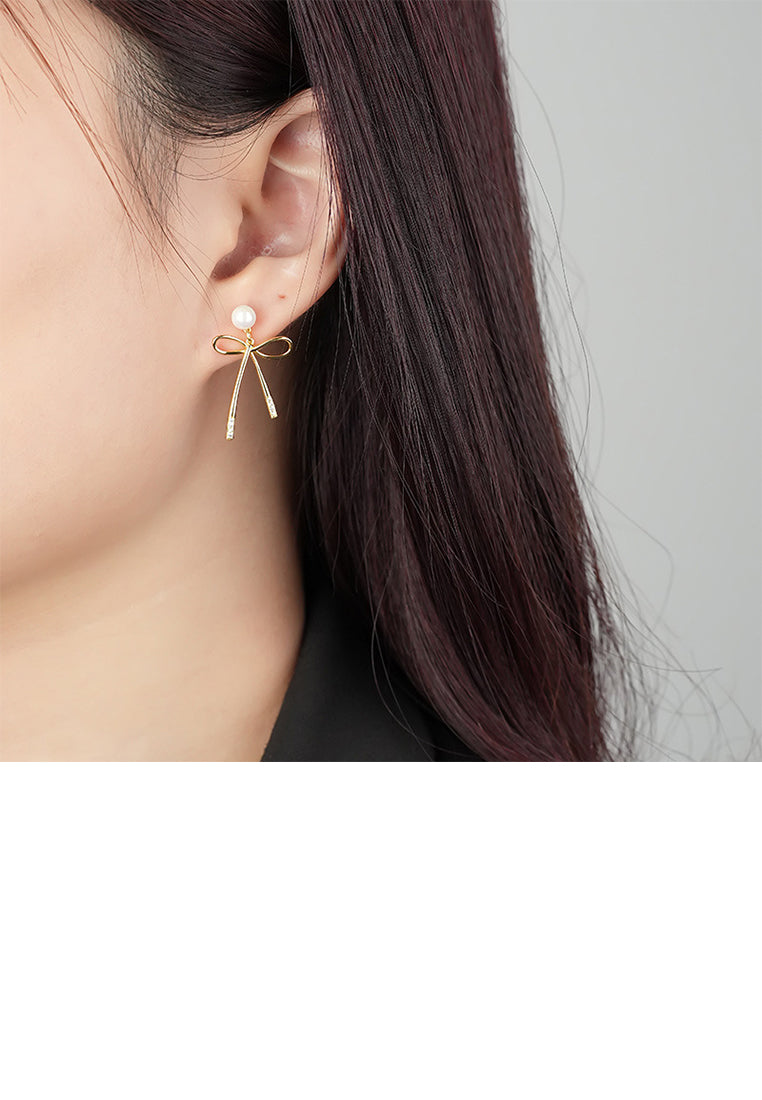 925 Sterling Silver Plated Gold Sweet Lovely Ribbon Imitation Pearl Stud Earrings - Luxurious Look