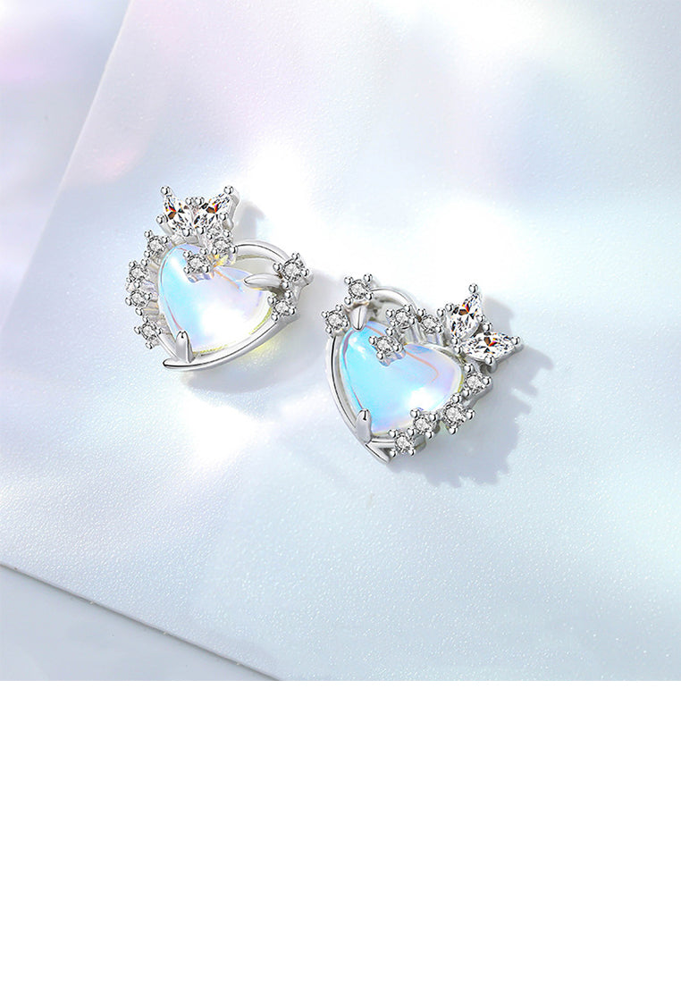 925 Sterling Silver Fashion Romantic Heart Shape Moonstone Stud Earrings with Cubic Zirconia - Luxurious Look