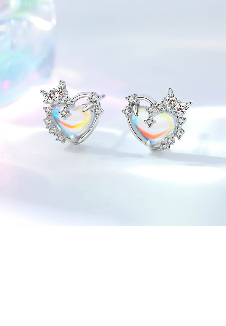 925 Sterling Silver Fashion Romantic Heart Shape Moonstone Stud Earrings with Cubic Zirconia - Luxurious Look