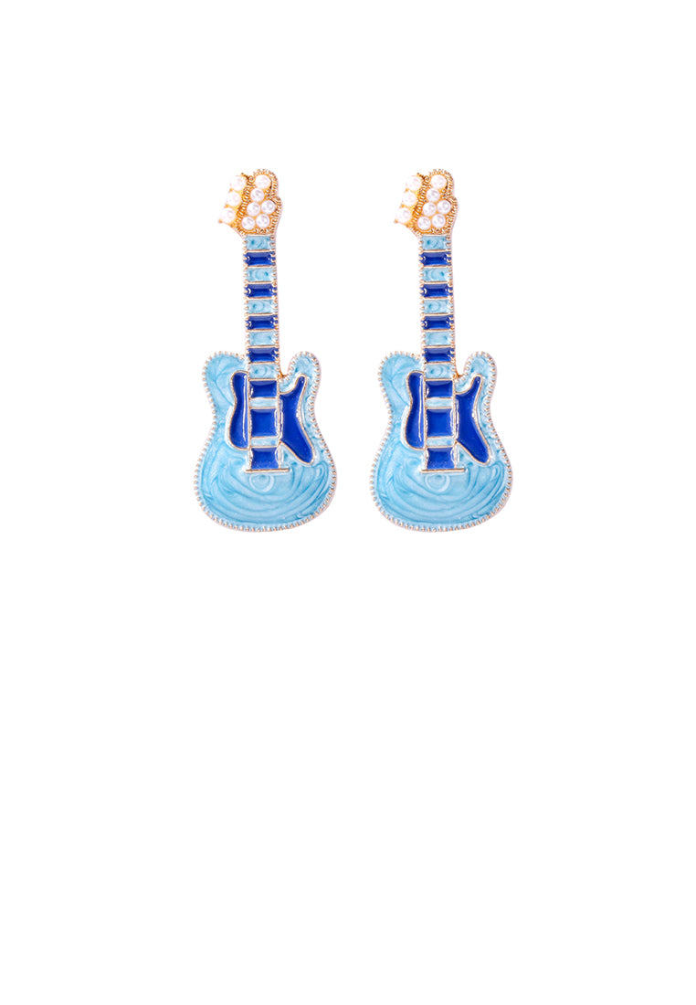 Fashion and Creative Plated Gold Enamel Blue Electric Guitar Stud Earrings with Imitation Pearls
