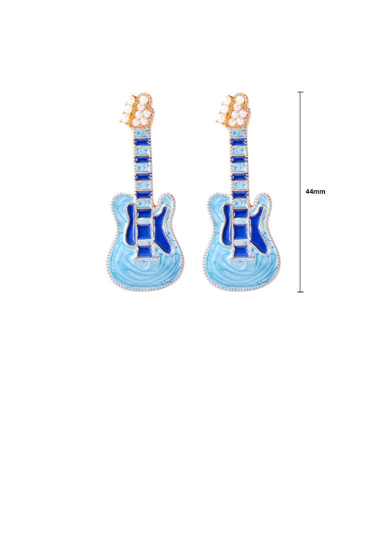 Fashion and Creative Plated Gold Enamel Blue Electric Guitar Stud Earrings with Imitation Pearls