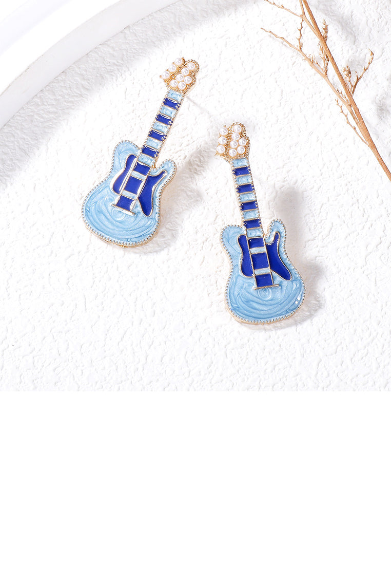 Fashion and Creative Plated Gold Enamel Blue Electric Guitar Stud Earrings with Imitation Pearls