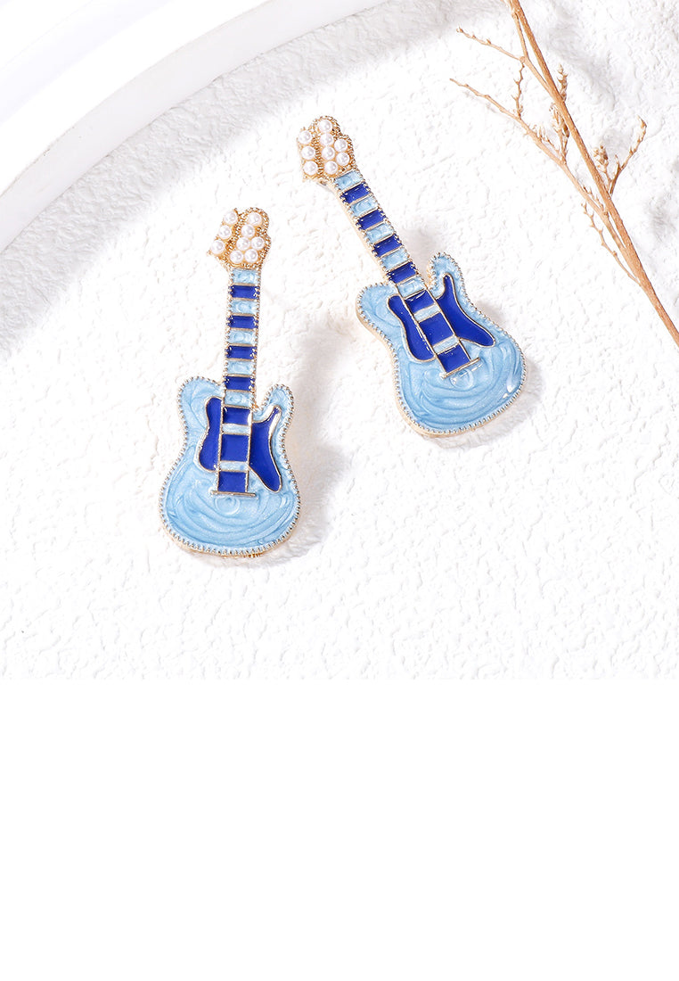 Fashion and Creative Plated Gold Enamel Blue Electric Guitar Stud Earrings with Imitation Pearls