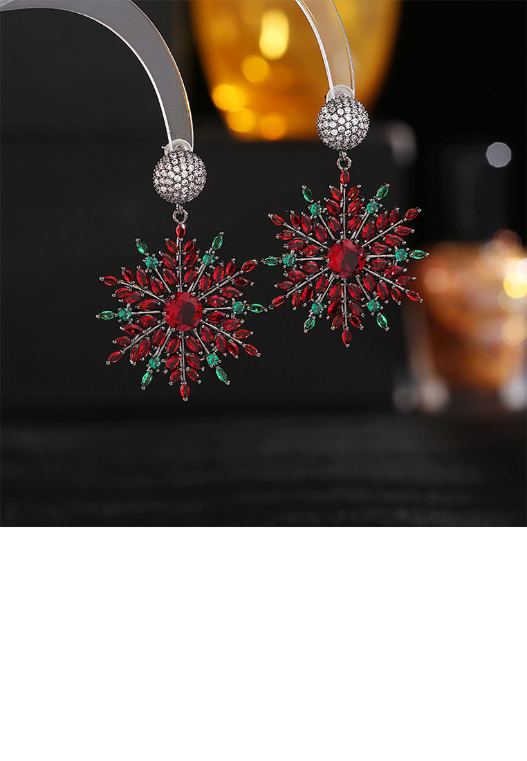 Fashion Brilliant Plated Black Christmas Snowflake Earrings with Red Cubic Zirconia - Luxurious Look - Vibrant Color