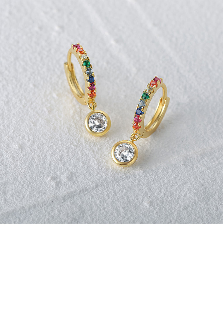 925 Sterling Silver Plated Gold Fashion Simple Geometric Round Earrings with Colored Cubic Zirconia - Luxurious Look