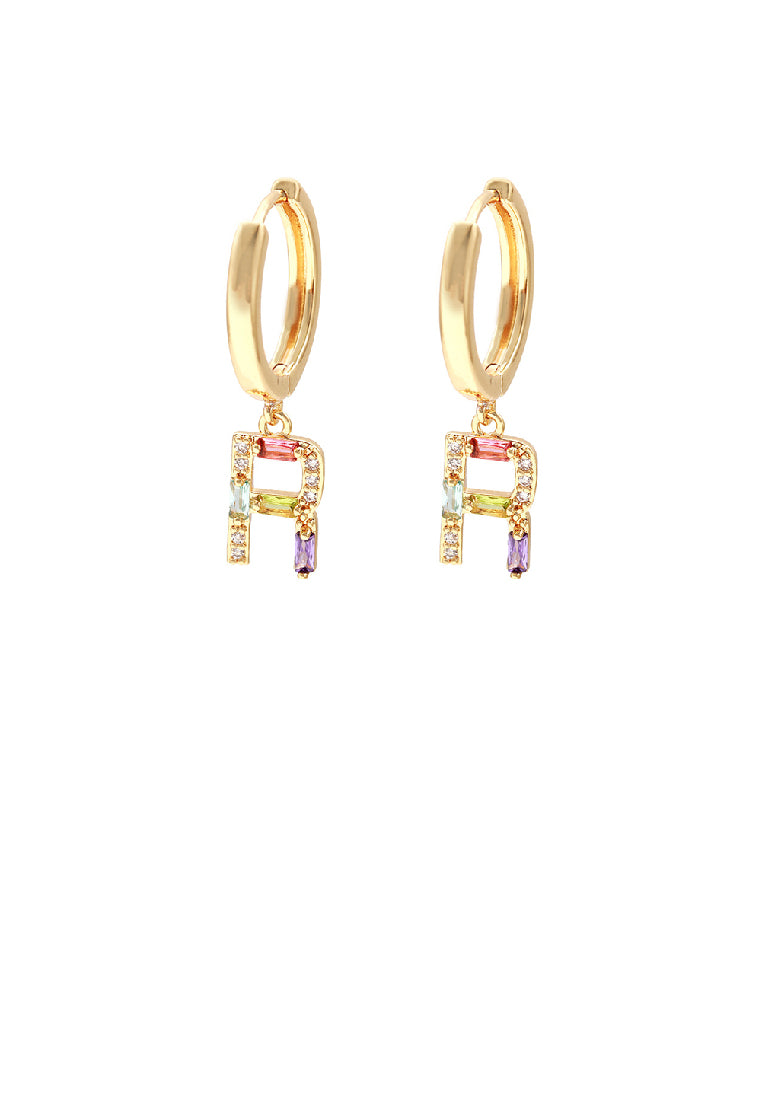 Fashion Simple Plated Gold Alphabet R Geometric Earrings with Colorful Cubic Zirconia - Luxurious Look