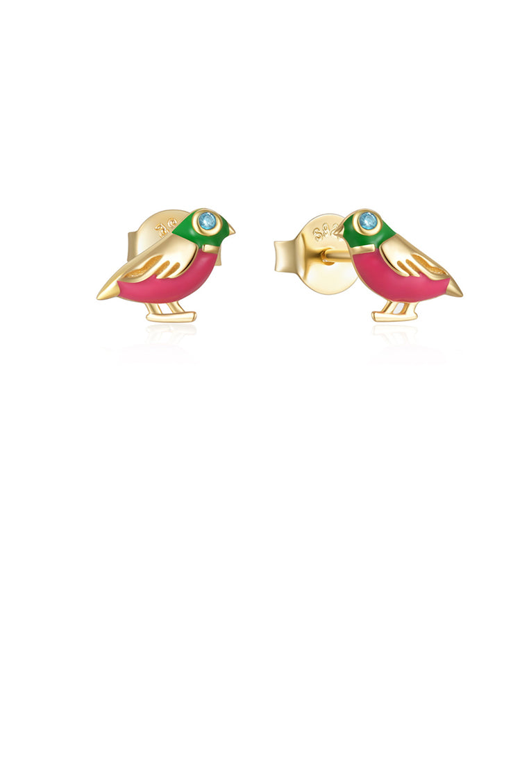 925 Sterling Silver Plated Gold Simple and Cute Enamel Red Bird Stud Earrings with Cubic Zirconia - Luxurious Look - Vibrant Color