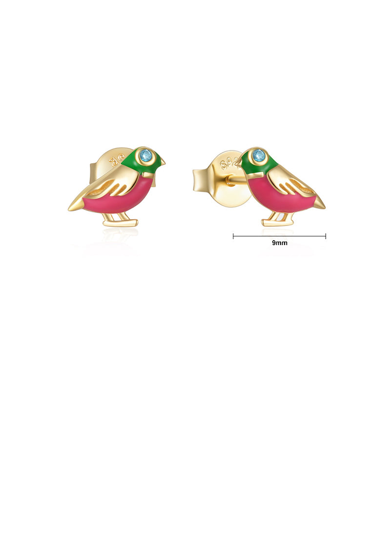 925 Sterling Silver Plated Gold Simple and Cute Enamel Red Bird Stud Earrings with Cubic Zirconia - Luxurious Look - Vibrant Color