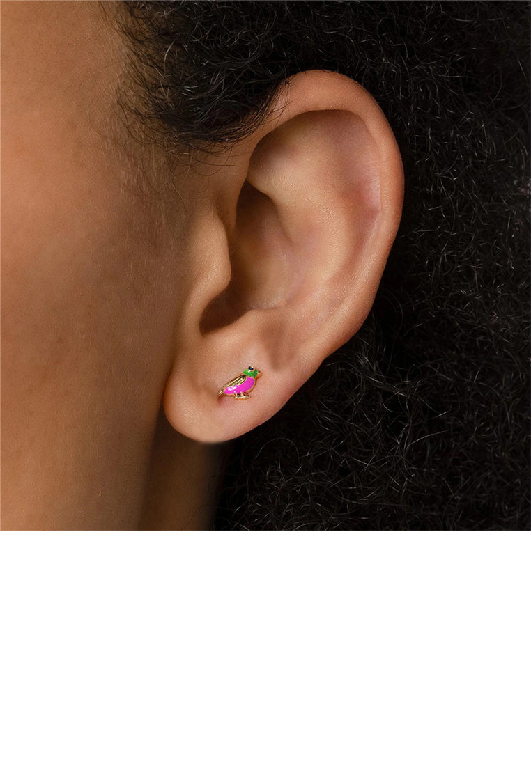 925 Sterling Silver Plated Gold Simple and Cute Enamel Red Bird Stud Earrings with Cubic Zirconia - Luxurious Look - Vibrant Color
