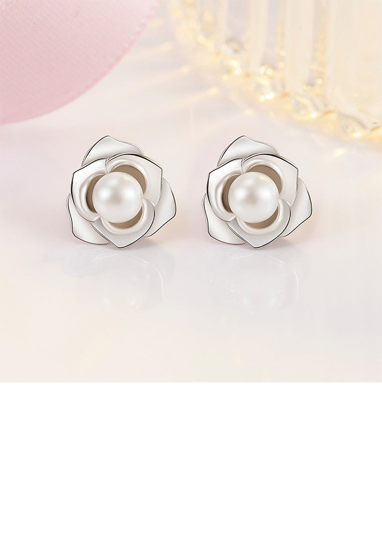 925 Sterling Silver Fashion Simple Flower Imitation Pearl Stud Earrings - Luxurious Look