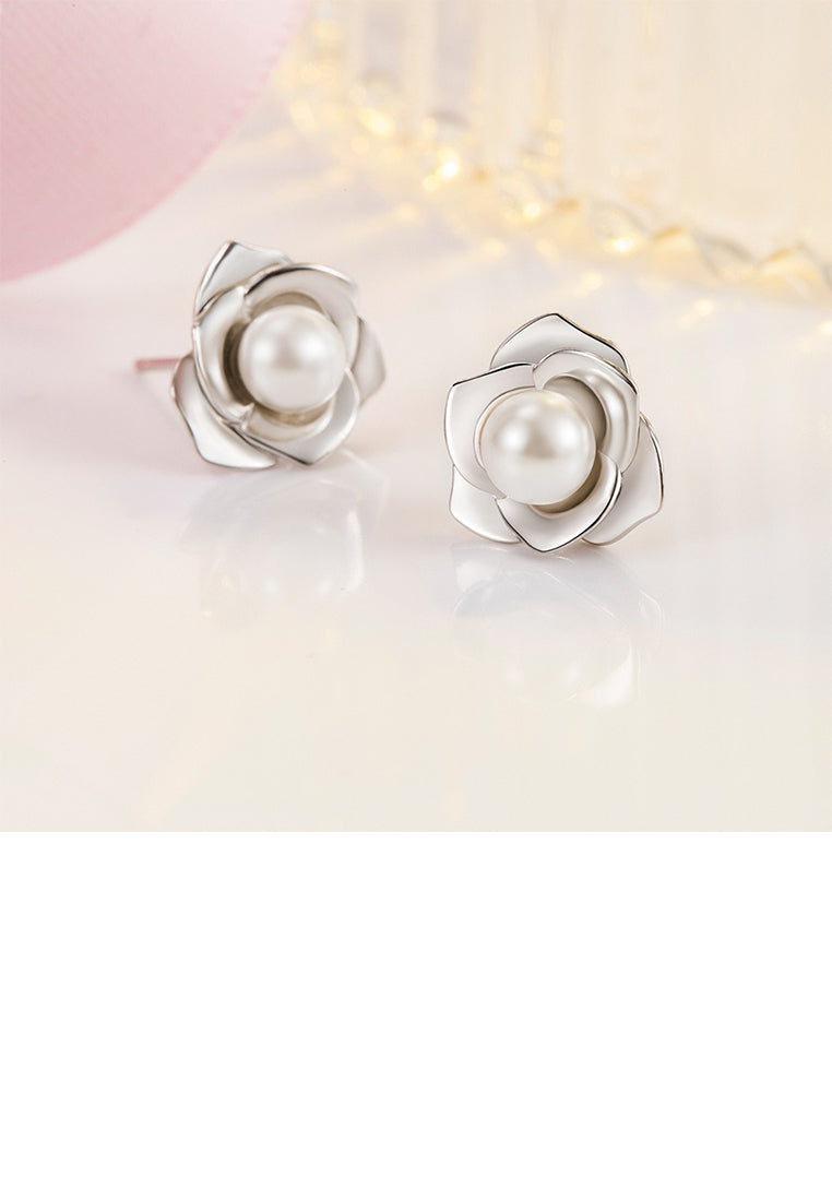 925 Sterling Silver Fashion Simple Flower Imitation Pearl Stud Earrings - Luxurious Look
