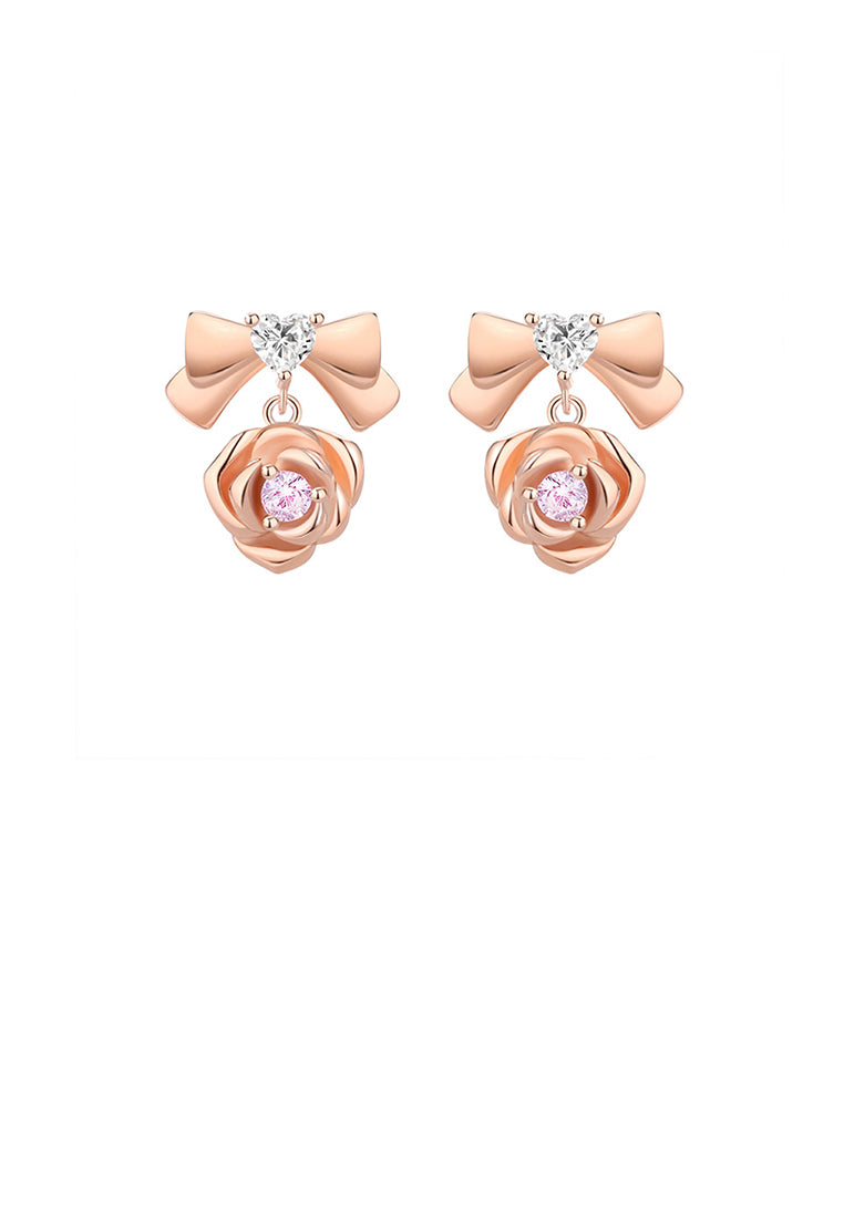 925 Sterling Silver Plated Rose Gold Simple Sweet Ribbon Rose Stud Earrings with Cubic Zirconia - Luxurious Look