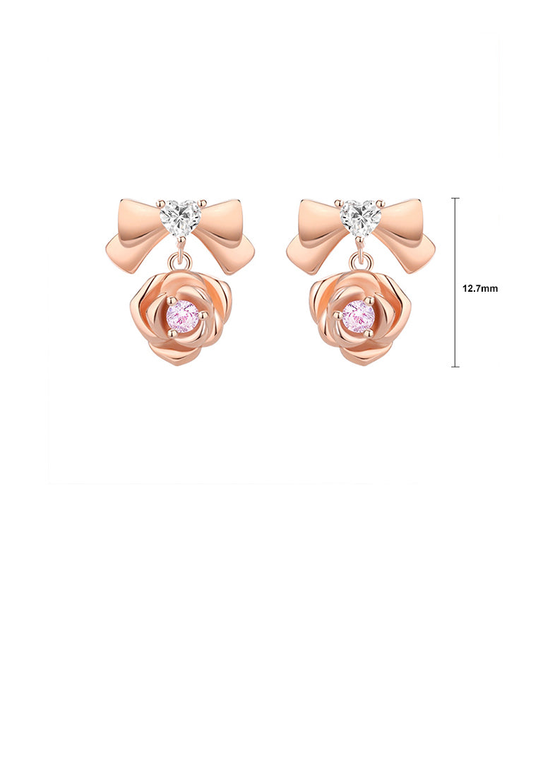925 Sterling Silver Plated Rose Gold Simple Sweet Ribbon Rose Stud Earrings with Cubic Zirconia - Luxurious Look