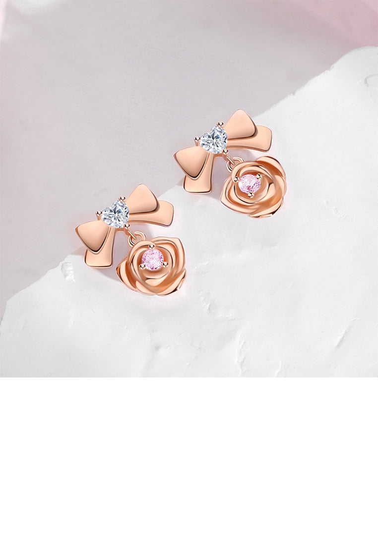 925 Sterling Silver Plated Rose Gold Simple Sweet Ribbon Rose Stud Earrings with Cubic Zirconia - Luxurious Look