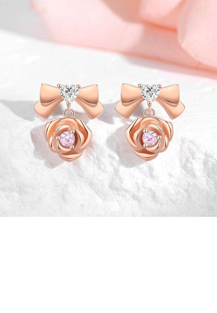 925 Sterling Silver Plated Rose Gold Simple Sweet Ribbon Rose Stud Earrings with Cubic Zirconia - Luxurious Look