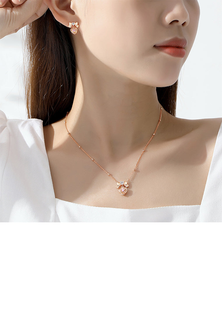 925 Sterling Silver Plated Rose Gold Simple Sweet Ribbon Rose Stud Earrings with Cubic Zirconia - Luxurious Look