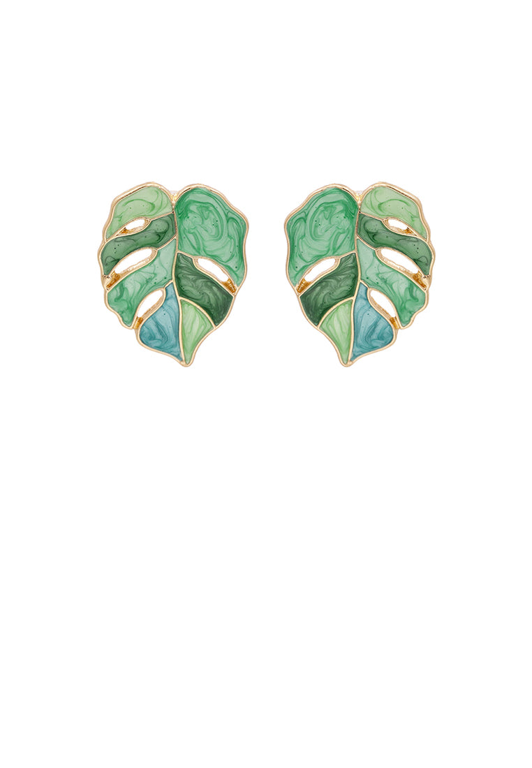 Simple and Fashion Plated Gold Enamel Green Leaf Stud Earrings