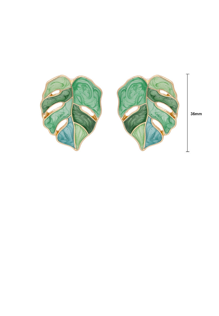 Simple and Fashion Plated Gold Enamel Green Leaf Stud Earrings