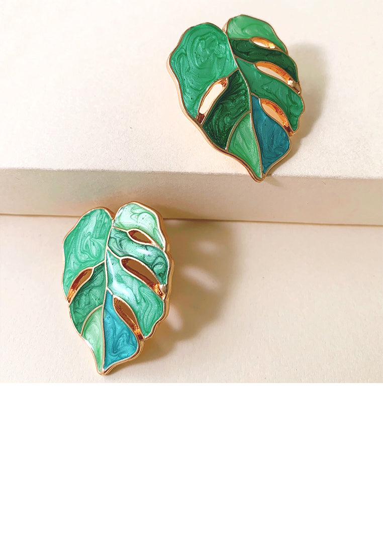 Simple and Fashion Plated Gold Enamel Green Leaf Stud Earrings