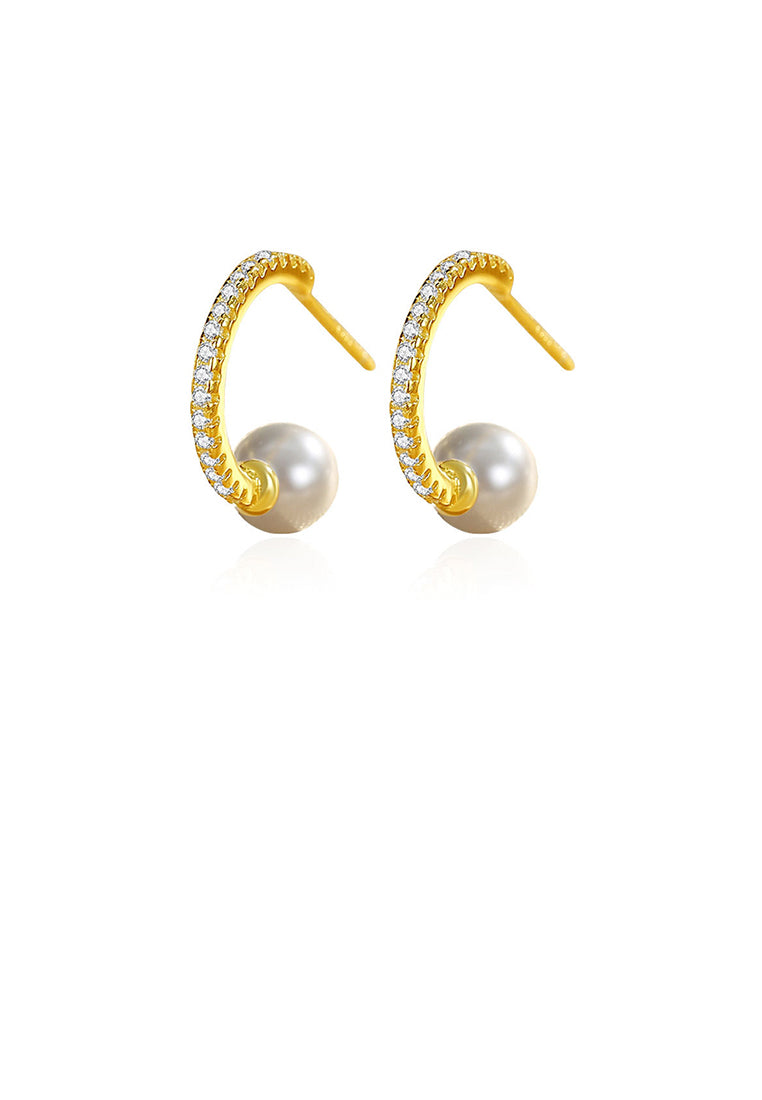 925 Sterling Silver Plated Gold Fashion and Elegant C-shaped Geometric Imitation Pearl Stud Earrings with Cubic Zirconia - Luxurious Look