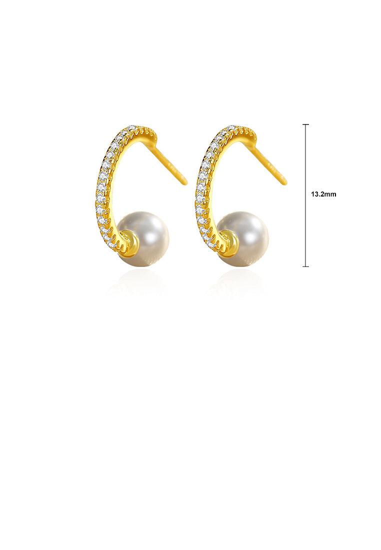 925 Sterling Silver Plated Gold Fashion and Elegant C-shaped Geometric Imitation Pearl Stud Earrings with Cubic Zirconia - Luxurious Look