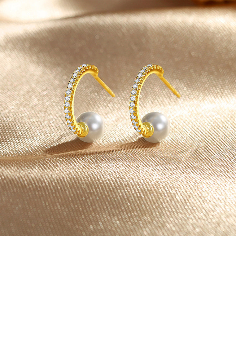 925 Sterling Silver Plated Gold Fashion and Elegant C-shaped Geometric Imitation Pearl Stud Earrings with Cubic Zirconia - Luxurious Look