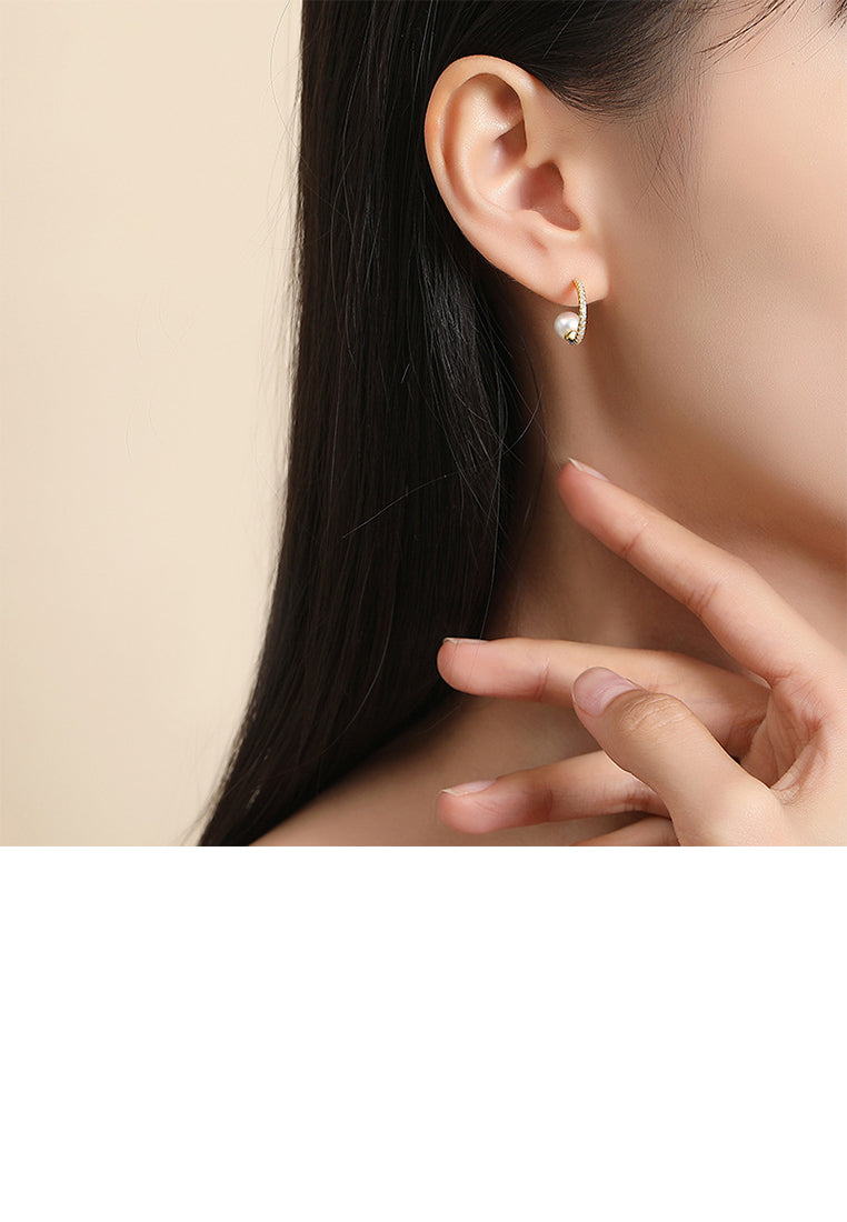 925 Sterling Silver Plated Gold Fashion and Elegant C-shaped Geometric Imitation Pearl Stud Earrings with Cubic Zirconia - Luxurious Look
