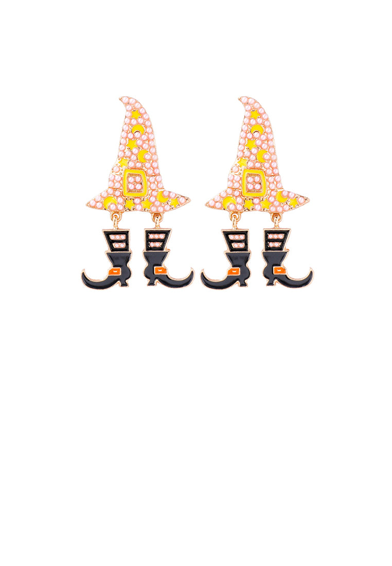 Fashion and Creative Plated Gold Halloween Wizard Hat Witch Pink Ball Earrings - Vibrant Color