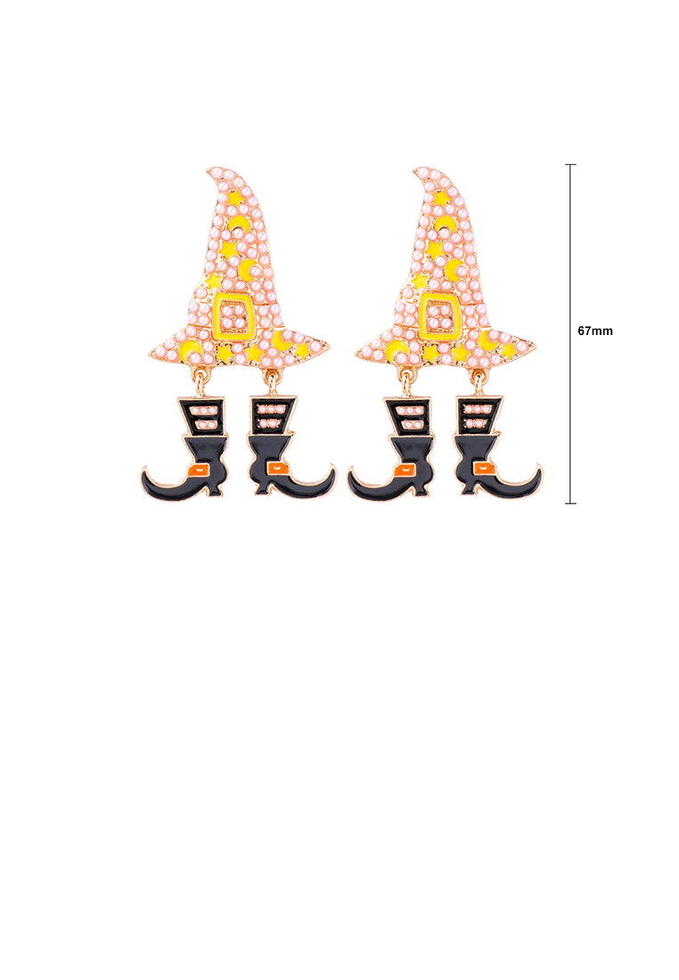 Fashion and Creative Plated Gold Halloween Wizard Hat Witch Pink Ball Earrings - Vibrant Color