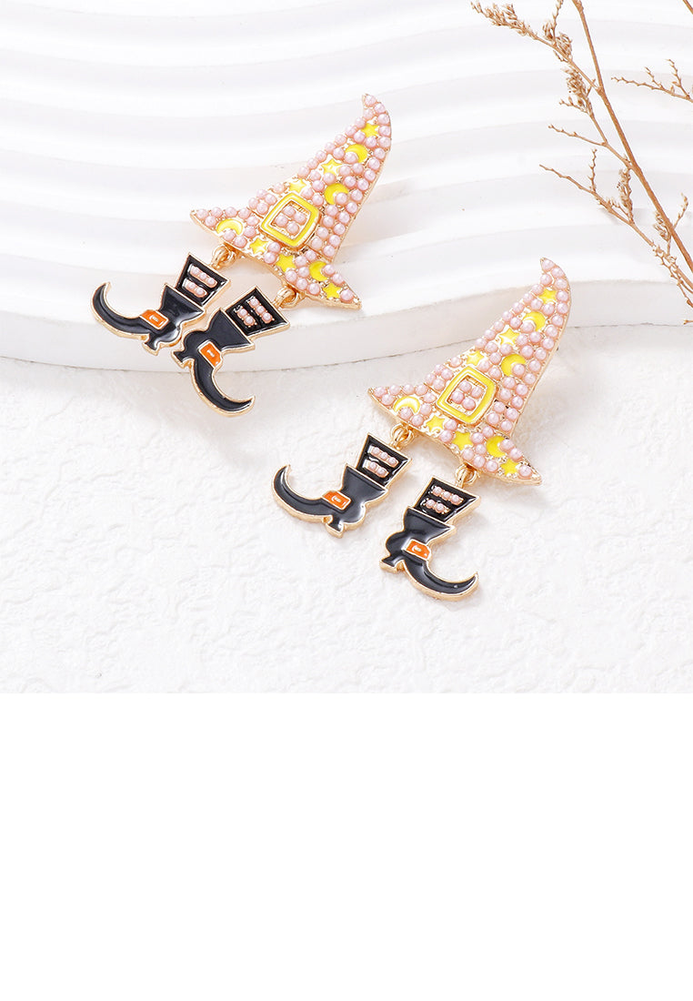 Fashion and Creative Plated Gold Halloween Wizard Hat Witch Pink Ball Earrings - Vibrant Color