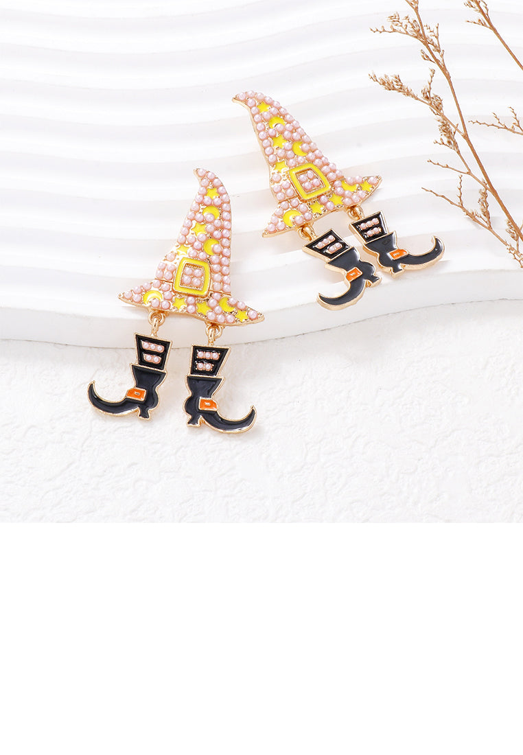 Fashion and Creative Plated Gold Halloween Wizard Hat Witch Pink Ball Earrings - Vibrant Color