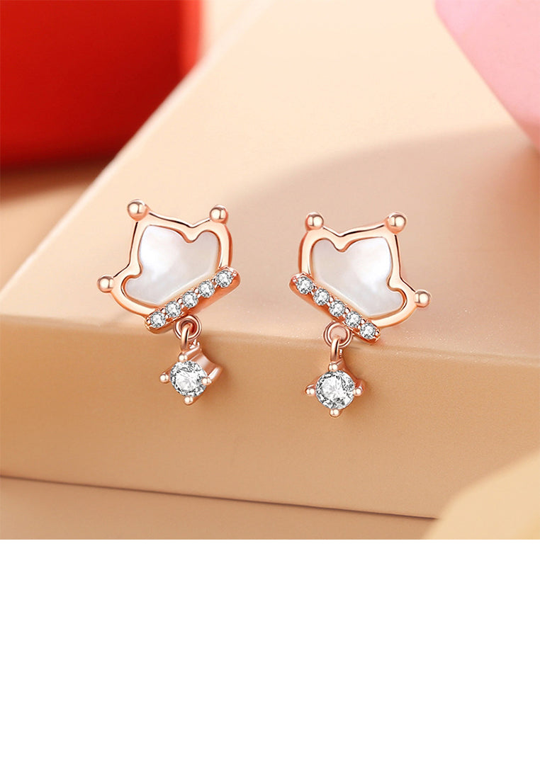 925 Sterling Silver Plated Rose Gold Simple Fashion Crown Mother Of Pearl Earrings with Cubic Zirconia - Luxurious Look