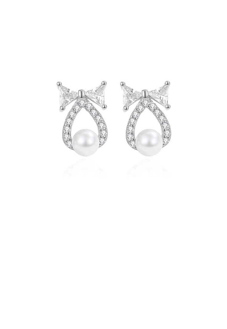 925 Sterling Silver Simple and Sweet Ribbon Water Drop-shaped Imitation Pearl Stud Earrings with Cubic Zirconia - Luxurious Look