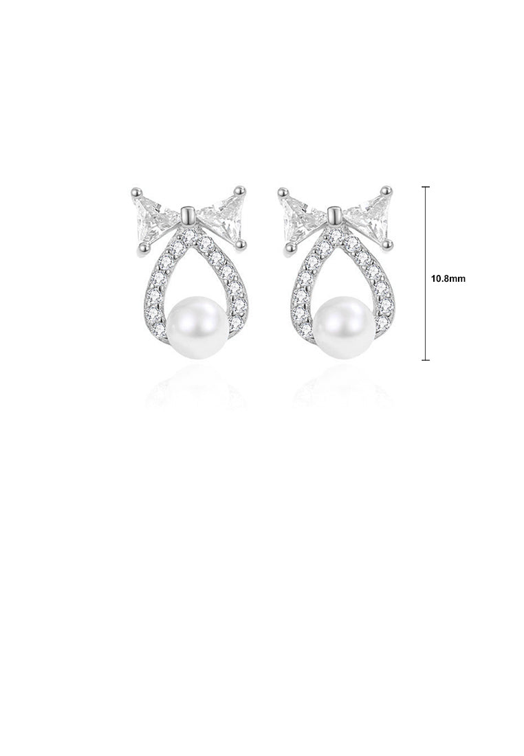 925 Sterling Silver Simple and Sweet Ribbon Water Drop-shaped Imitation Pearl Stud Earrings with Cubic Zirconia - Luxurious Look