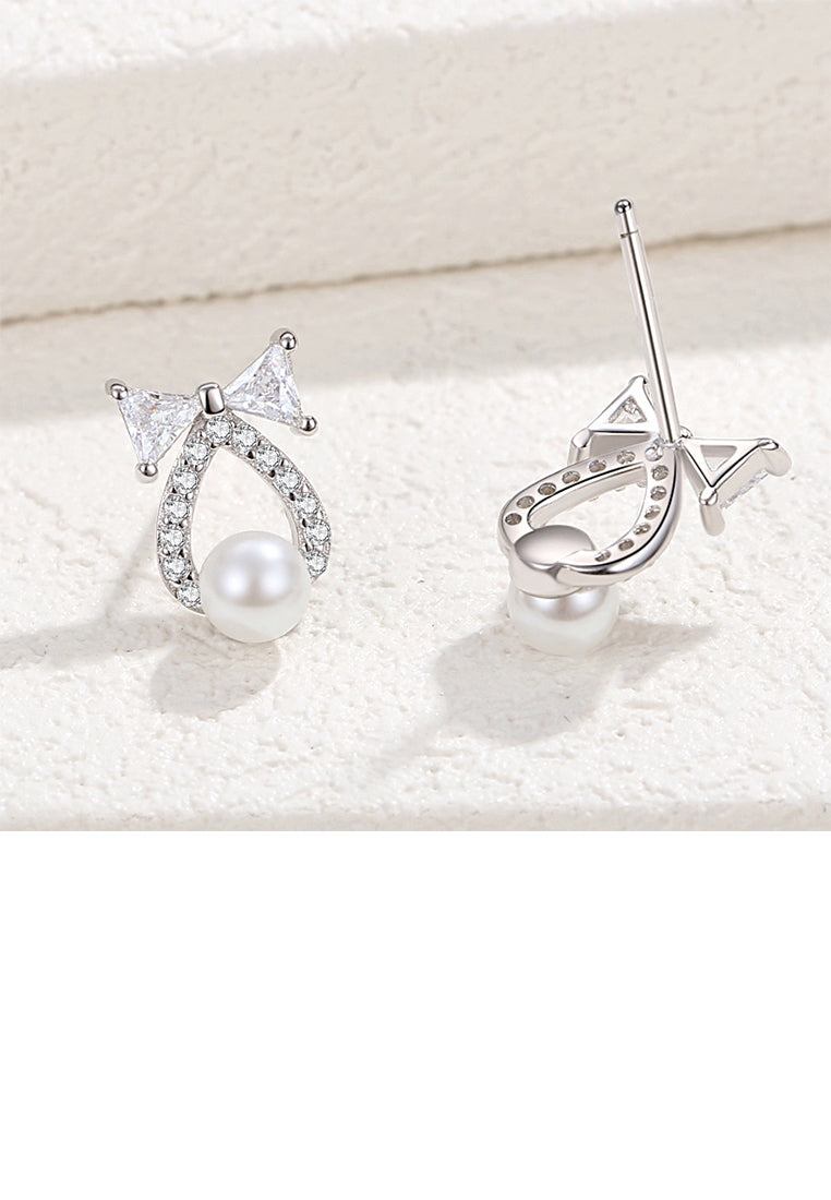 925 Sterling Silver Simple and Sweet Ribbon Water Drop-shaped Imitation Pearl Stud Earrings with Cubic Zirconia - Luxurious Look