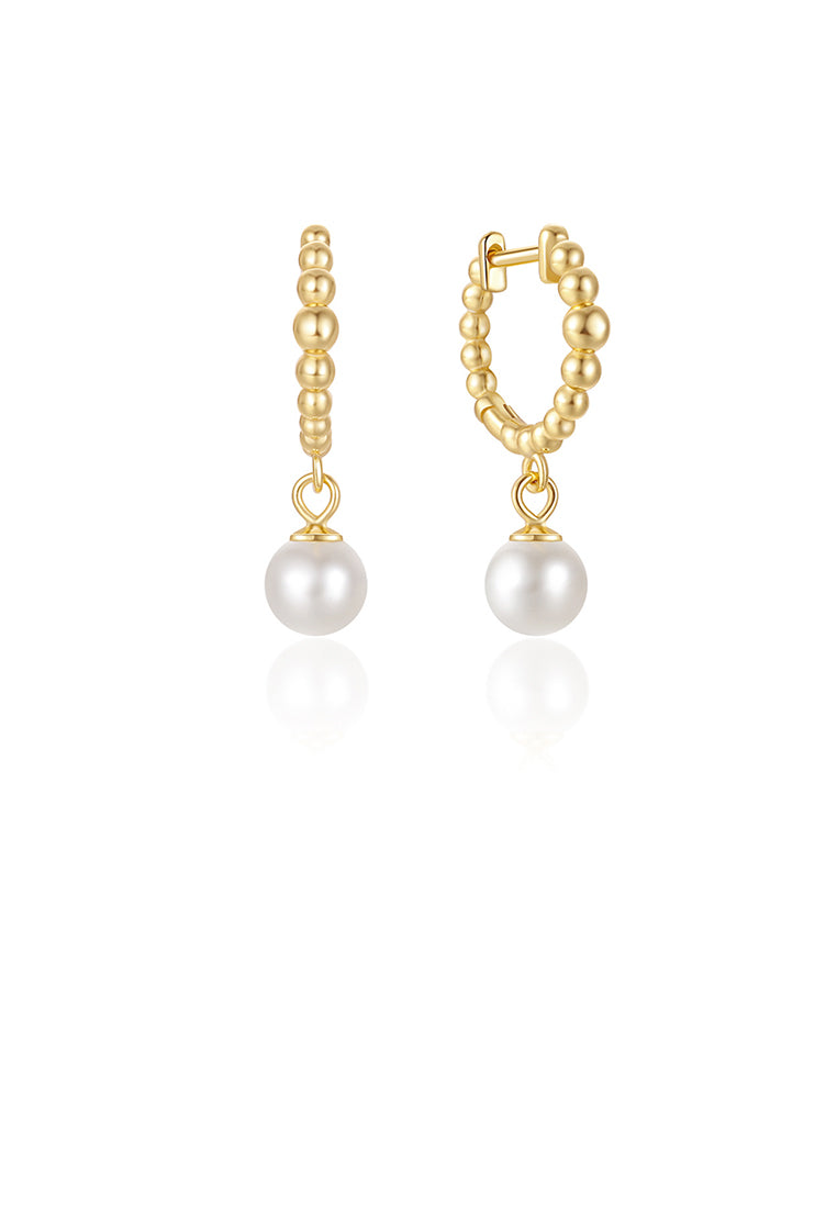 925 Sterling Silver Plated Gold Fashion and Elegant Geometric Round Bead Imitation Pearl Earrings - Luxurious Look